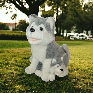 Husky Plush Dogs Mom & Puppy Stuffed animal Gray White‎ Blue Eyes 14"